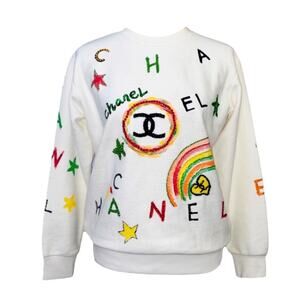 AUTH 36 Chanel White Rainbow Embellished CC Logo Terrycloth Sweatshirt Top